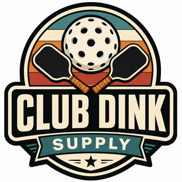 A retro-style circular logo or sticker design reading 'CLUB DINK SUPPLY' with a golf ball, two paddles, and striped background elements on a white field.