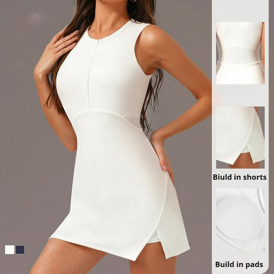 Active Zipper Tennis Dress with Shorts & Padded Support