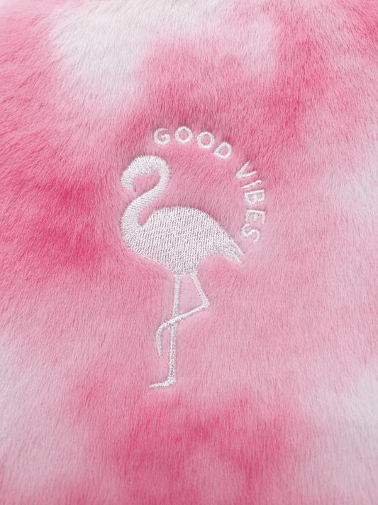 Flamingo with 'Good Vibes' text on pink and white tie-dye fabric